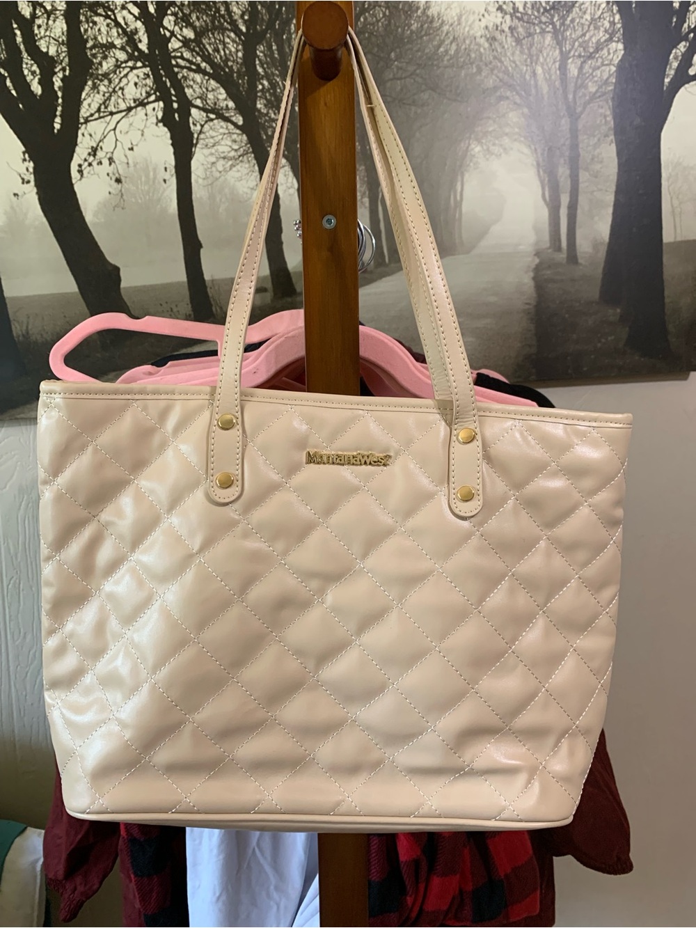 Montana West Cream Quilted Tote with Gold Accents